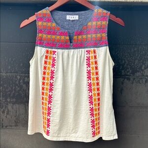 THML  White Top with Pink and Orange Embroidery Size M  Tank Sleeves